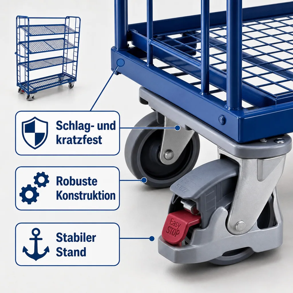 Etagenwagen mit 4 Drahtgitterböden pulverbeschichtet 250 kg Typ M + EasySTOP