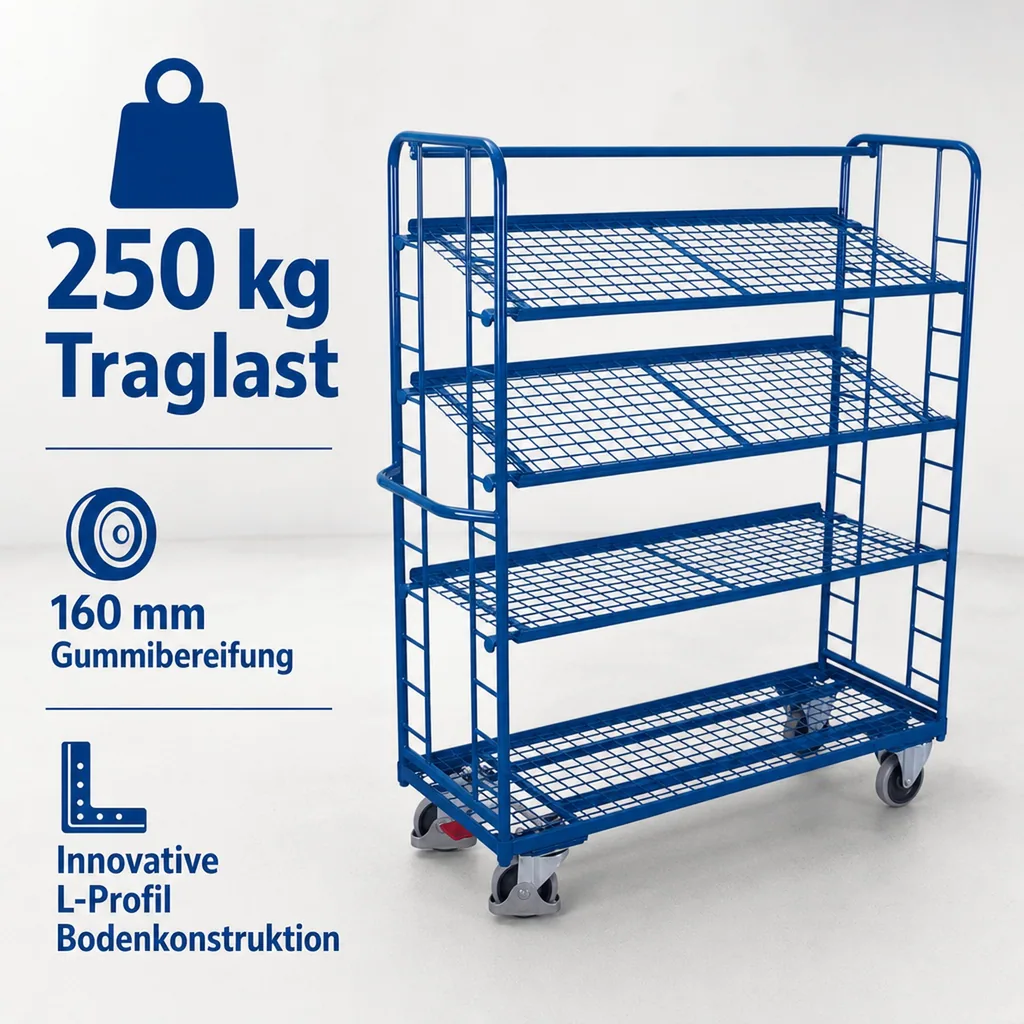 Etagenwagen mit 4 Drahtgitterböden pulverbeschichtet 250 kg Typ M + EasySTOP