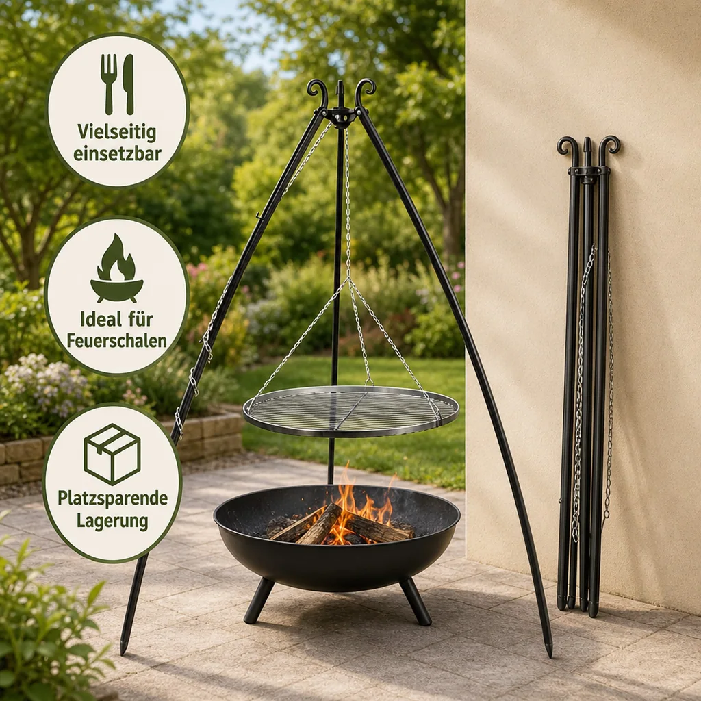 Schwenkgrill 200cm, Grillrost 50cm, Dreibein Schwenkgrill