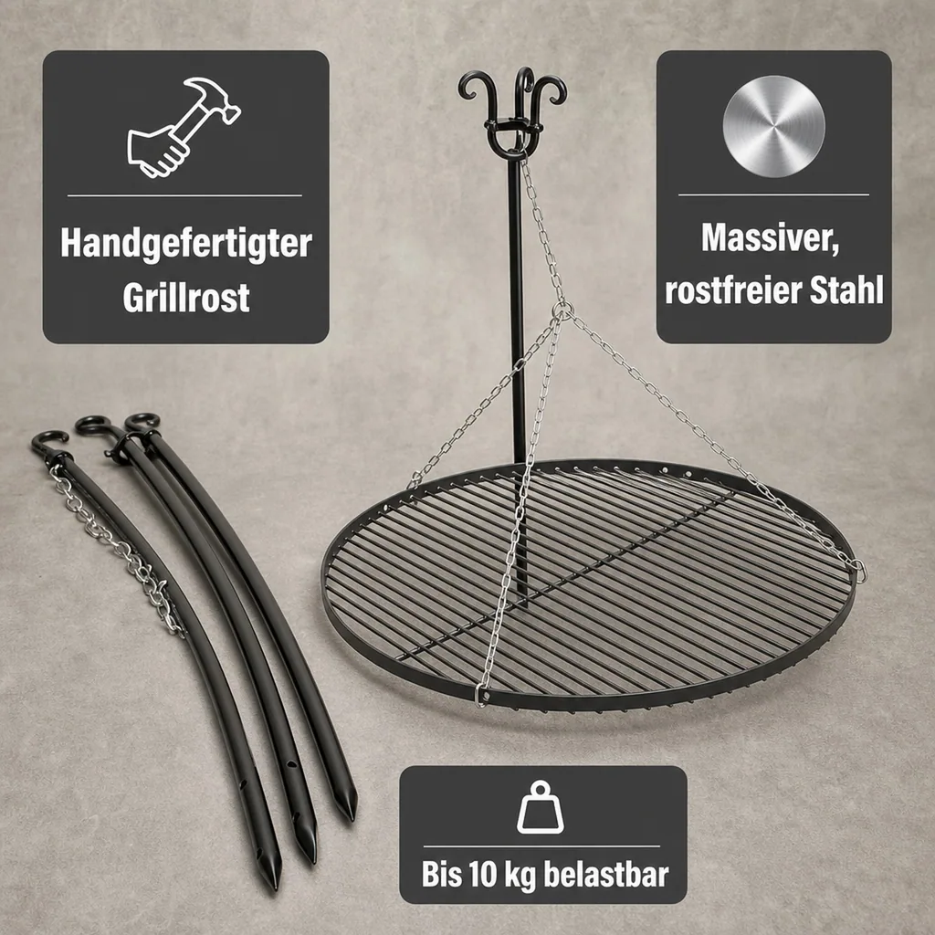 Schwenkgrill 200cm, Grillrost 50cm, Dreibein Schwenkgrill