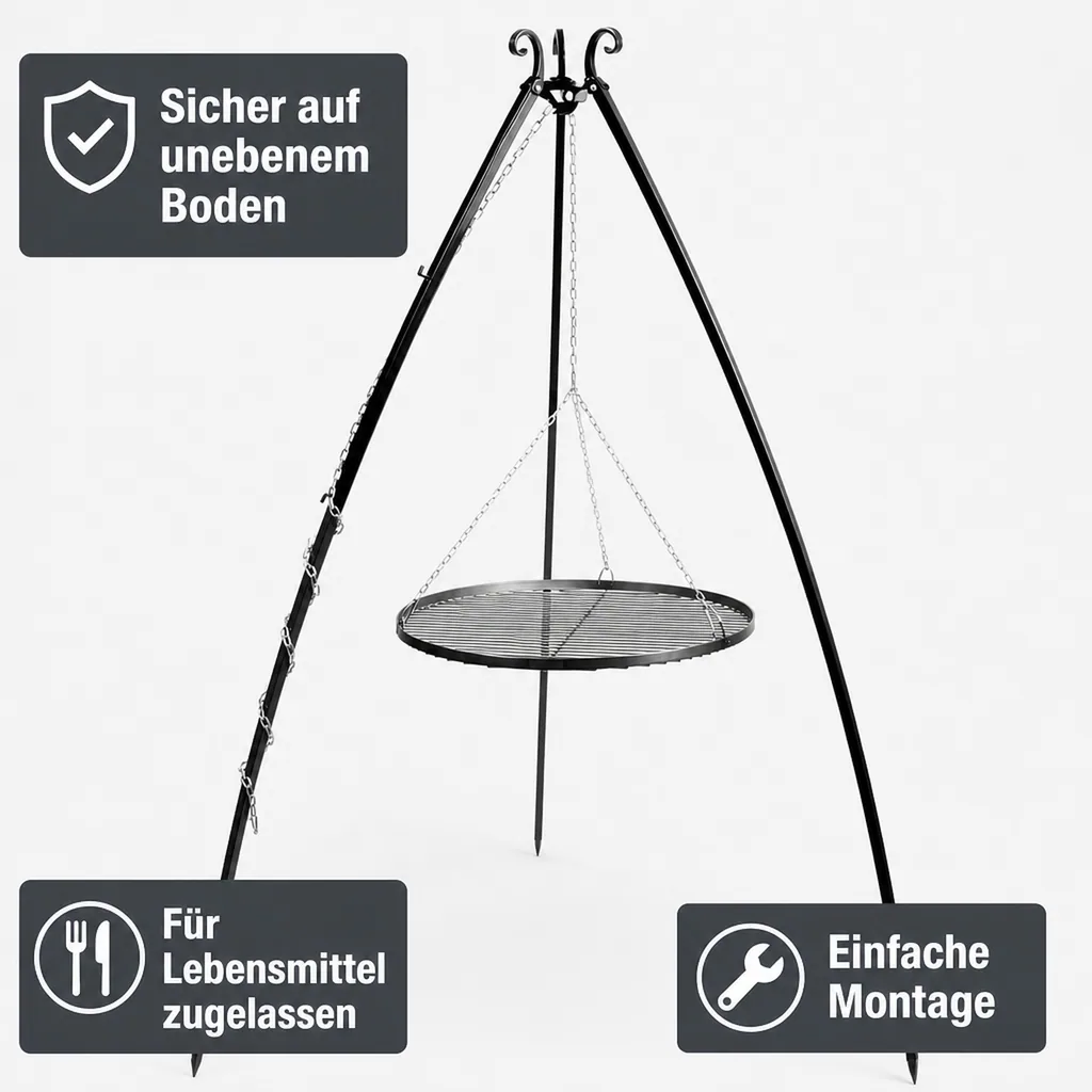 Schwenkgrill 200cm, Grillrost 50cm, Dreibein Schwenkgrill