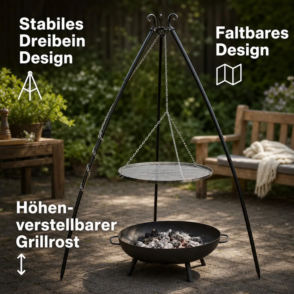 Schwenkgrill 200cm, Grillrost 50cm, Dreibein Schwenkgrill