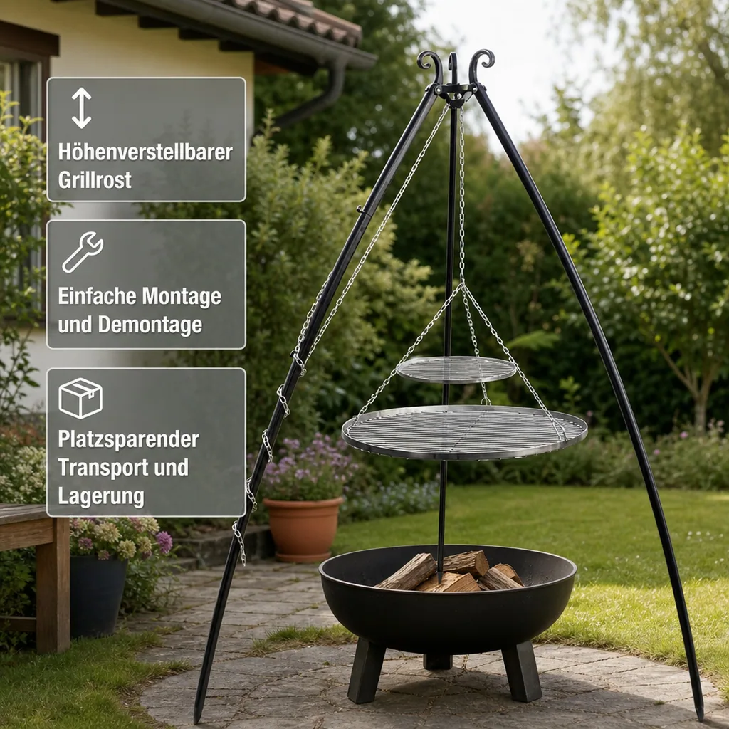 Schwenkgrill, Edelstahl Doppelrost, Dreibein 200 cm