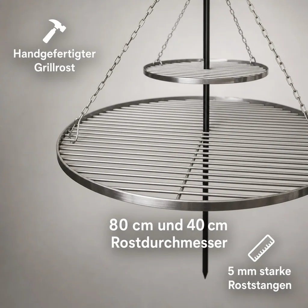 Schwenkgrill, Edelstahl Doppelrost, Dreibein 200 cm