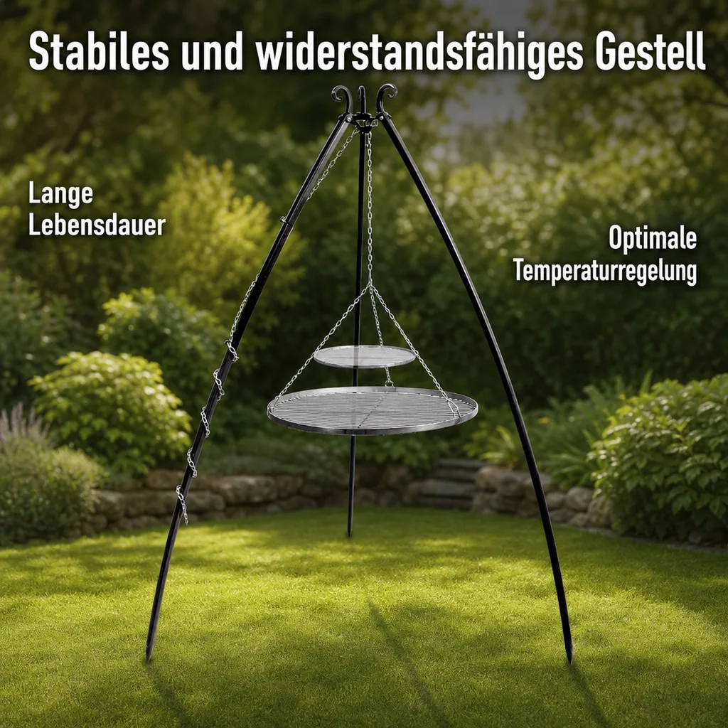 Schwenkgrill, Edelstahl Doppelrost, Dreibein 200 cm
