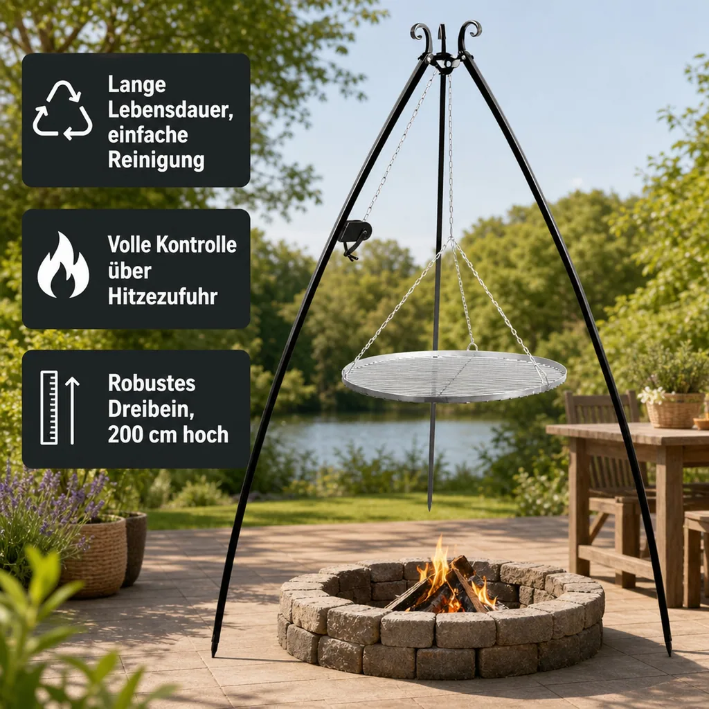 Schwenkgrill, Edelstahl Grillrost 60 cm, Dreibein Grill 200 cm, mit Kurbel