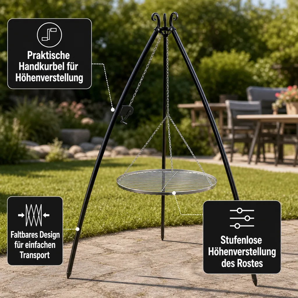 Schwenkgrill, Edelstahl Grillrost 60 cm, Dreibein Grill 200 cm, mit Kurbel