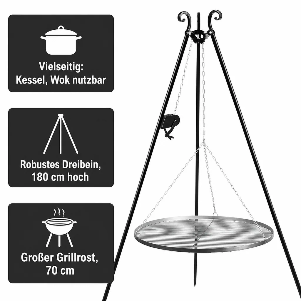 Schwenkgrill Set, Dreibein Grill 180 cm, Grillrost 70 cm, mit Kurbel