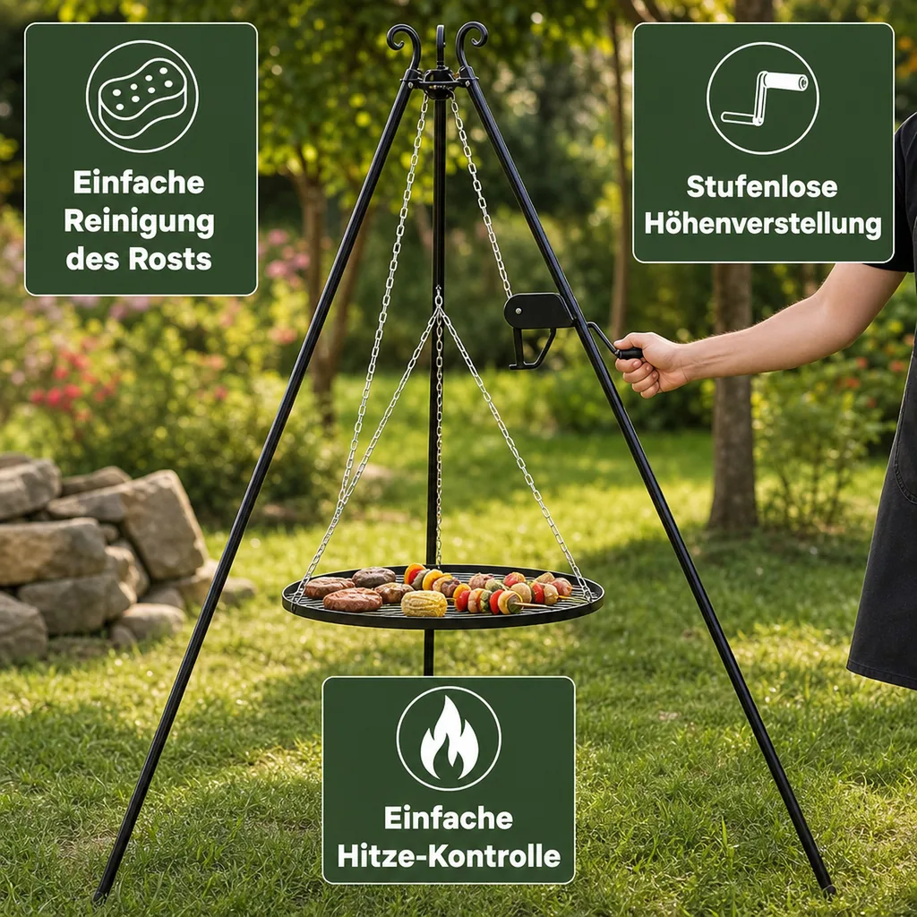 Schwenkgrill Set, Dreibein Grill 180 cm, Grillrost 70 cm, mit Kurbel