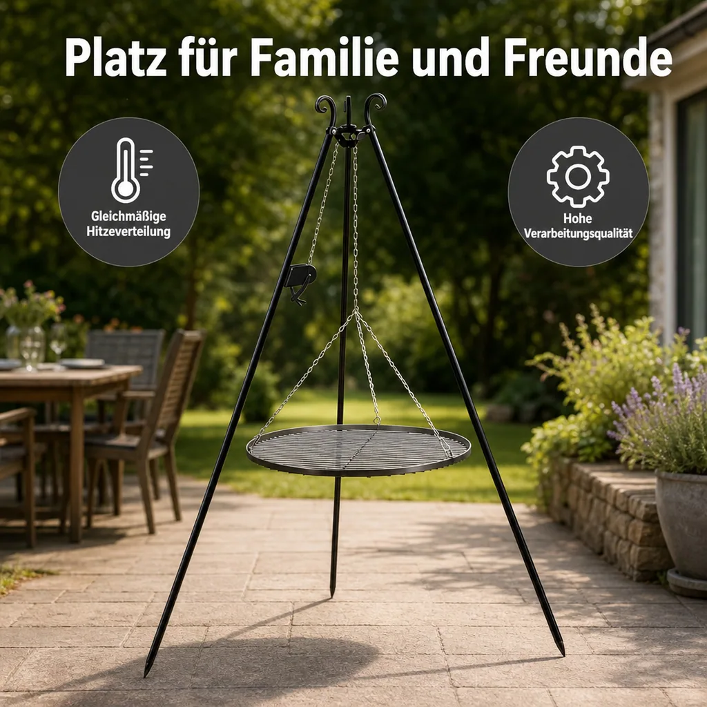Schwenkgrill Set, Dreibein Grill 180 cm, Grillrost 70 cm, mit Kurbel