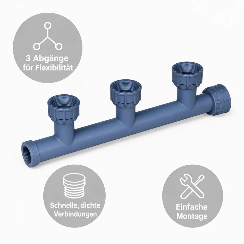 PVC Verteiler, 1 Zoll, 3 Abgänge, Ausflussverteiler