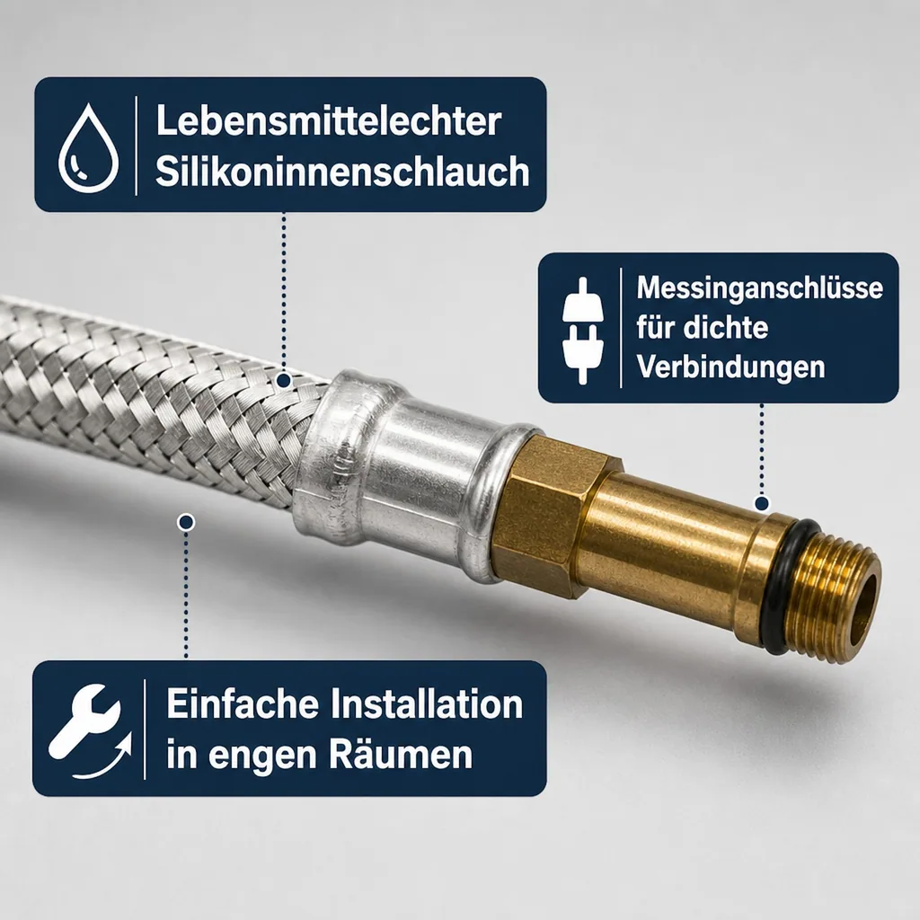 Panzerschlauch, Edelstahl, DN8, 800mm, M10 x 3/8", flexibel, für Trinkwasser