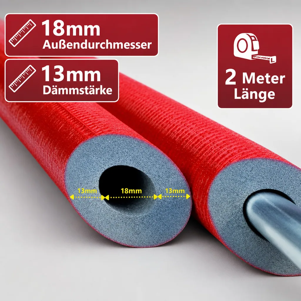 Rohrisolierung 18mm, Heizungsrohr Isolierung, 2m, 13mm Dämmung, Heizungsisolierung