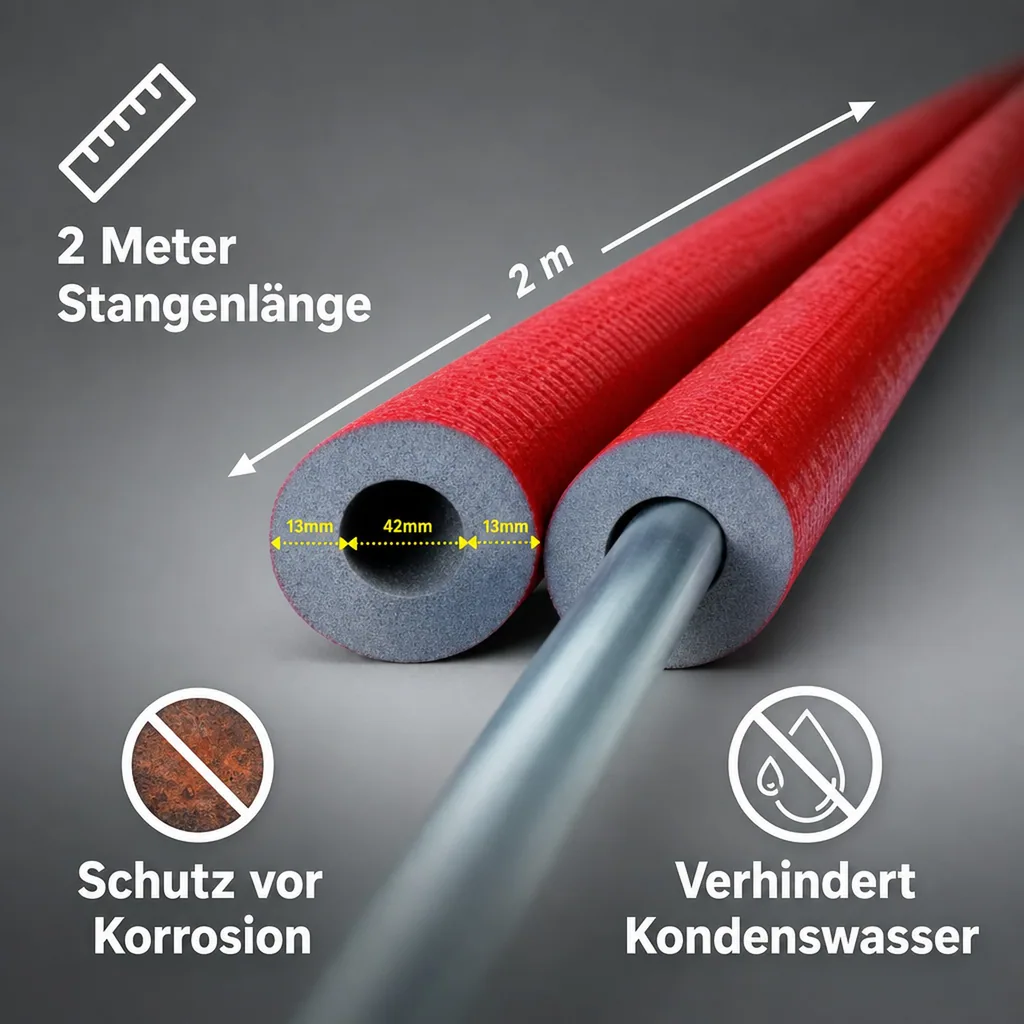 Rohrisolierung 42mm, 13mm Dämmung, 2m, Heizungsrohrisolierung, grau