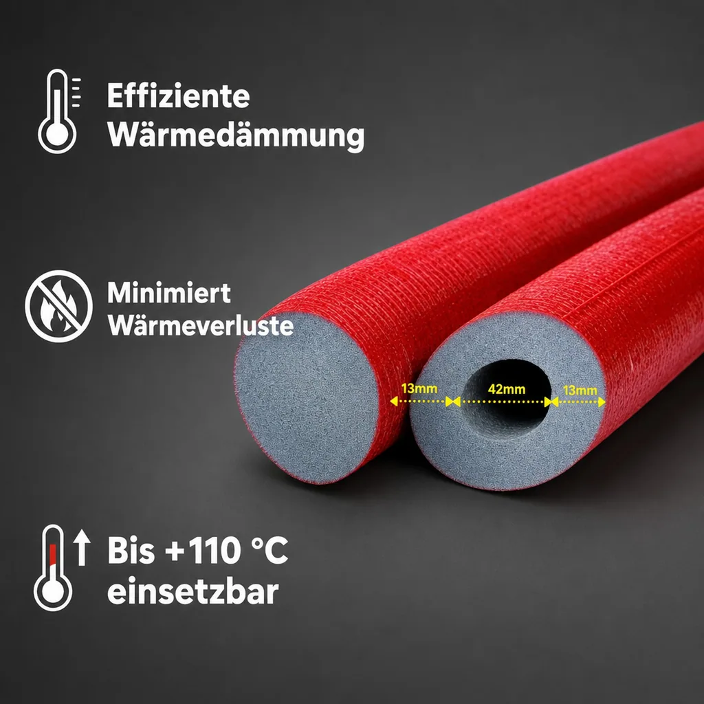 Rohrisolierung 42mm, 13mm Dämmung, 2m, Heizungsrohrisolierung, grau