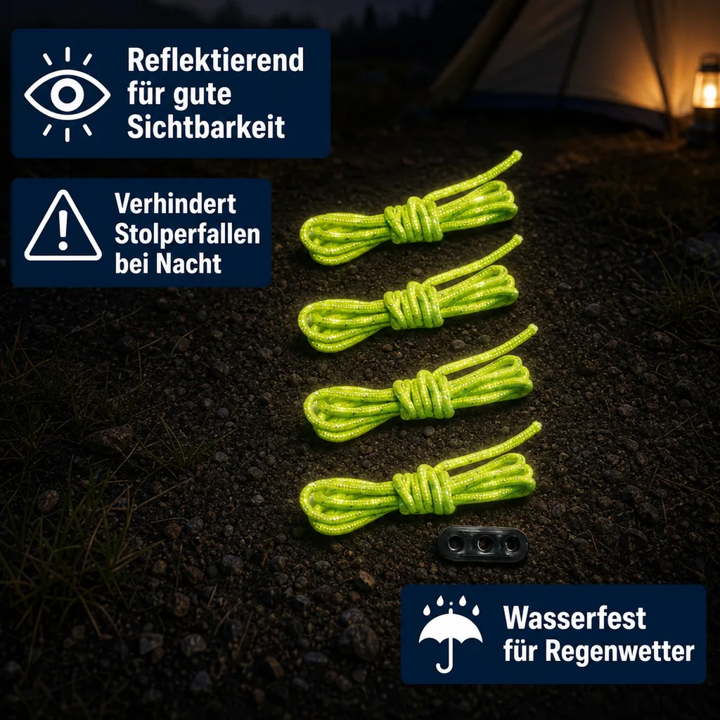 Abspannleinen Set, 4x Zelt Abspannleinen 3m, reflektierend, Dreichlochspanner