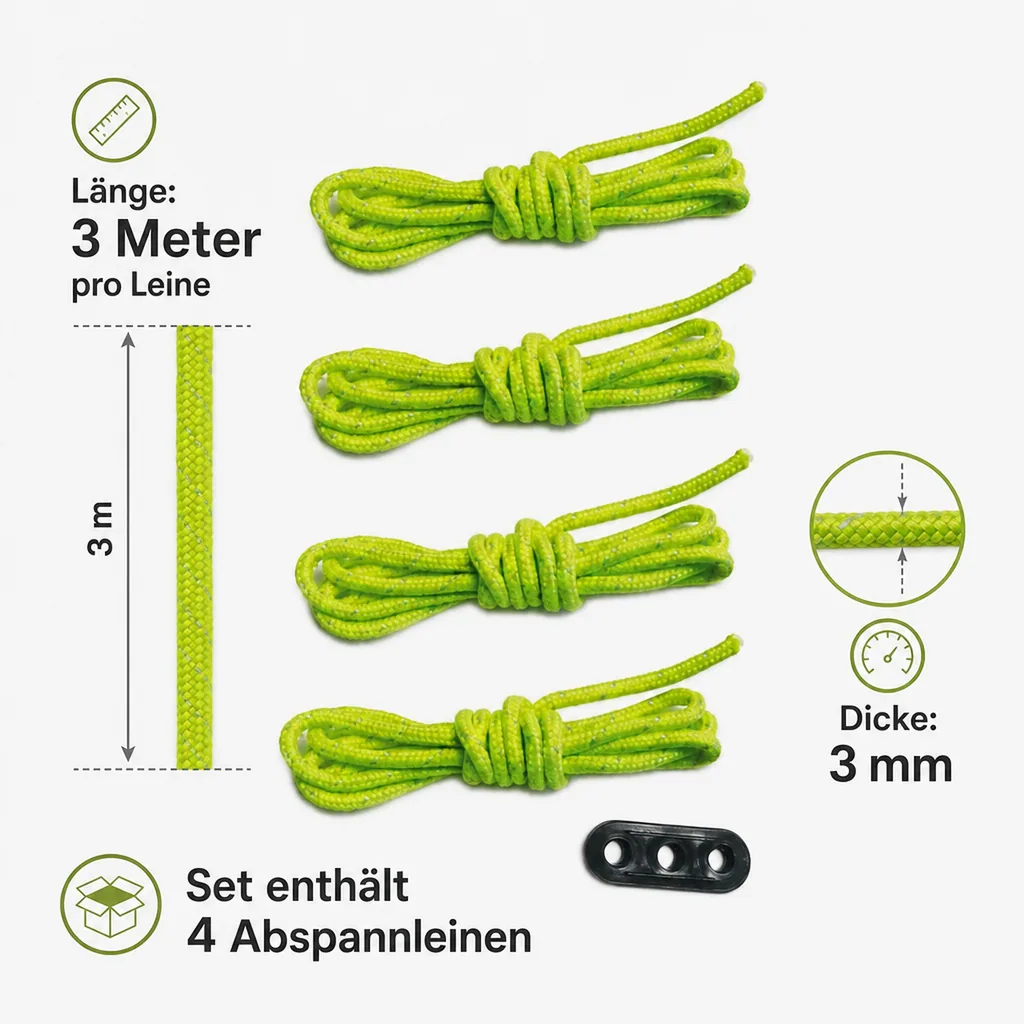Abspannleinen Set, 4x Zelt Abspannleinen 3m, reflektierend, Dreichlochspanner