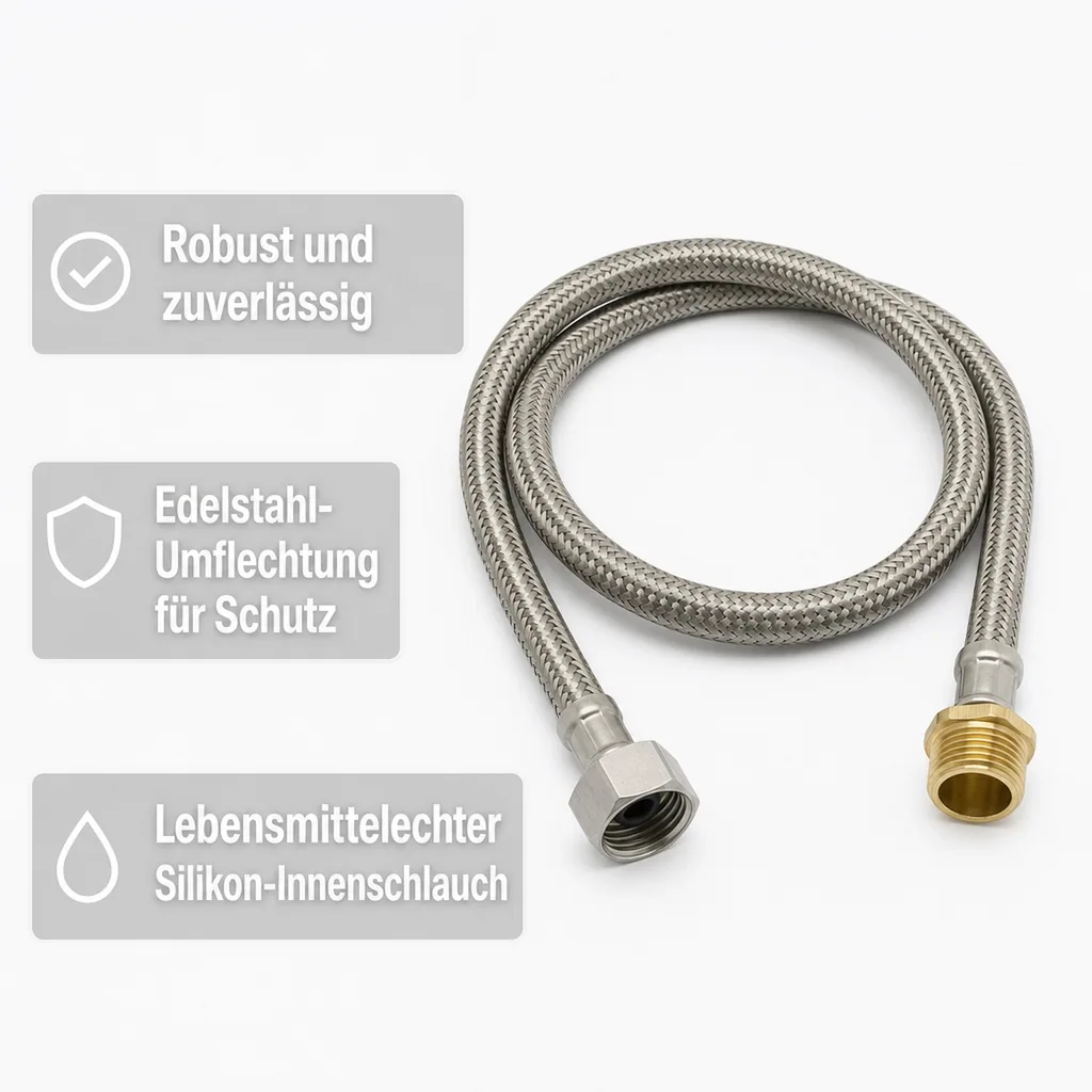 Panzerschlauch 1/2 Zoll, Edelstahl, Flexschlauch, 1500mm, Trinkwasser, DN8, DVGW