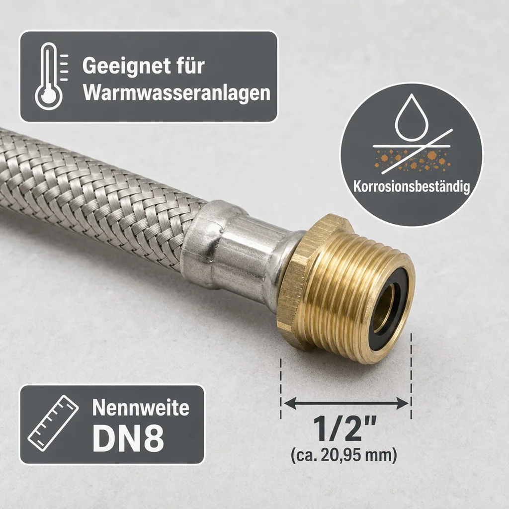 Panzerschlauch 1/2 Zoll, Edelstahl, Flexschlauch, 1500mm, Trinkwasser, DN8, DVGW