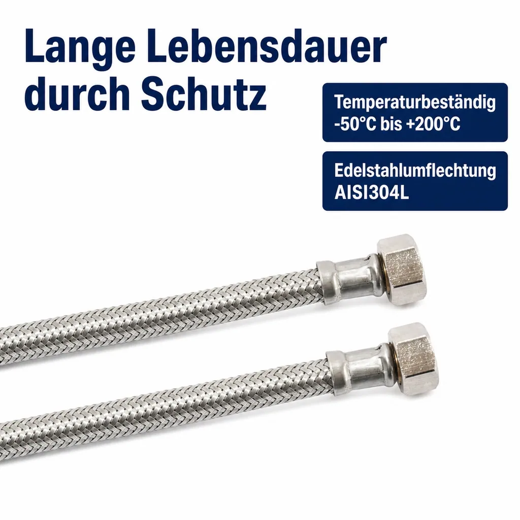 Panzerschlauch, Edelstahlumflechtung, 3/8" x 3/8", 1000mm, flexibel, DVGW, Trinkwasser geeignet