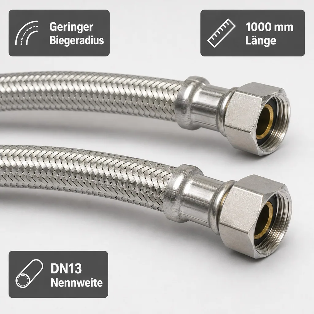 Panzerschlauch 1/2 Zoll, Edelstahl, Flexibel, 1000mm, Trinkwasser