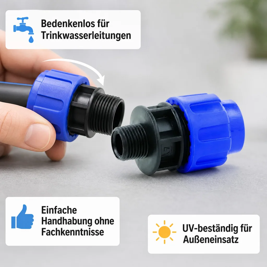 PE Rohr Verschraubung, Kupplung 32mm, Klemmfitting, Trinkwasser
