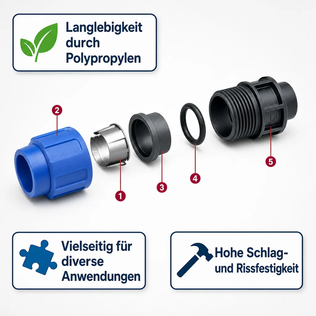 PE Rohr Verschraubung, Kupplung 32mm, Klemmfitting, Trinkwasser