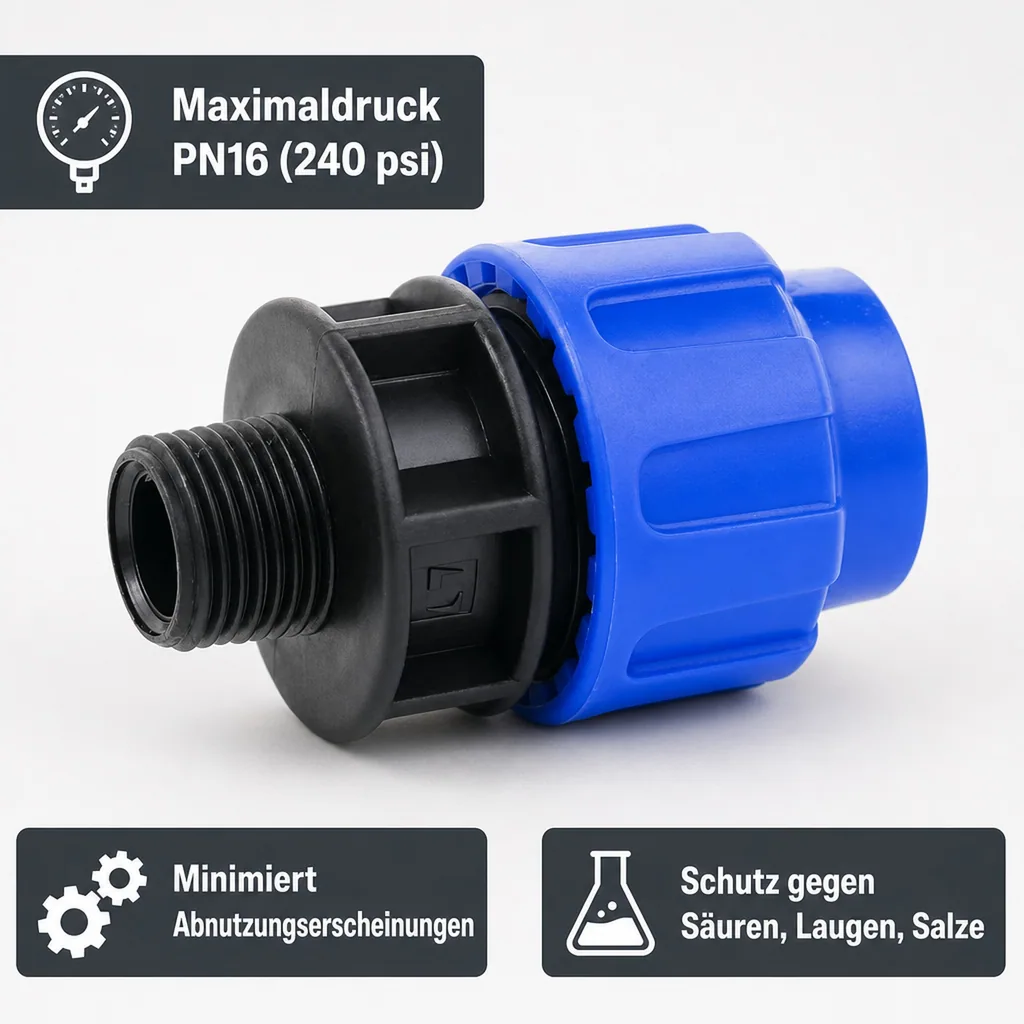 PE Rohr Verschraubung, Kupplung 32mm, Klemmfitting, Trinkwasser