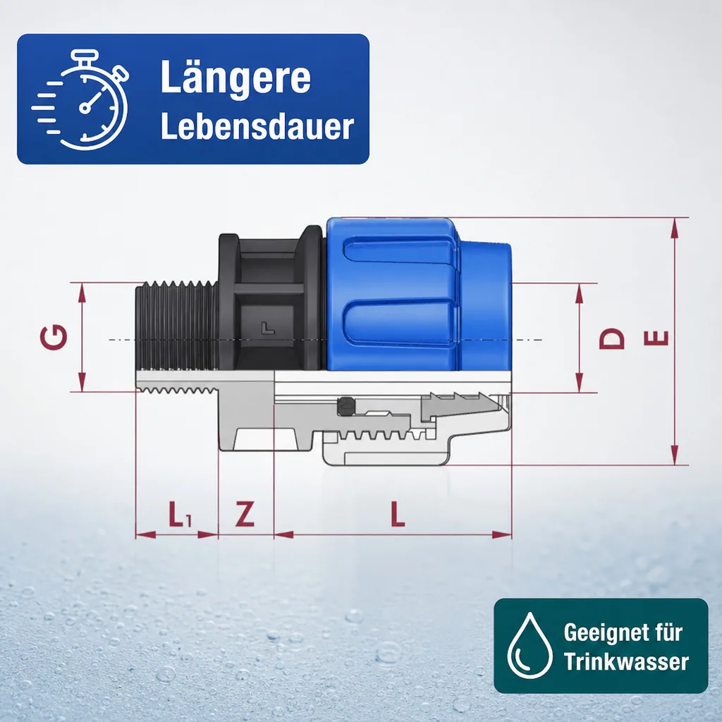 PE Rohr Verschraubung, Kupplung 20mm, 3/4 Zoll AG, Trinkwasser geeignet