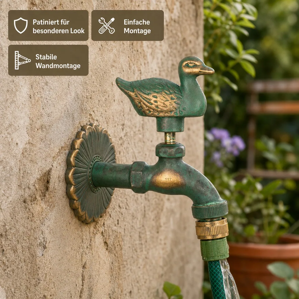 Auslaufventil, Gartenauslaufventil, Nostalgie Ente, patiniert, 1/2 Zoll