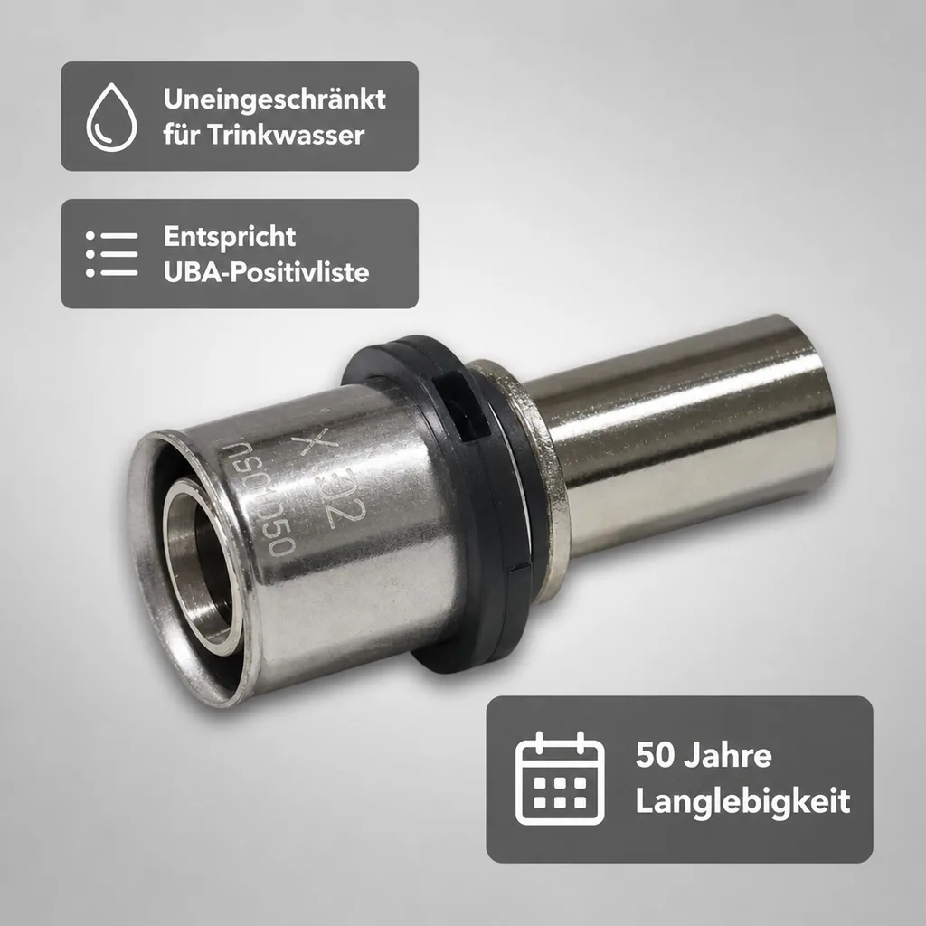 Pressfitting 32mm, Kupferrohr, Übergang vernickelt, Trinkwasser DVGW