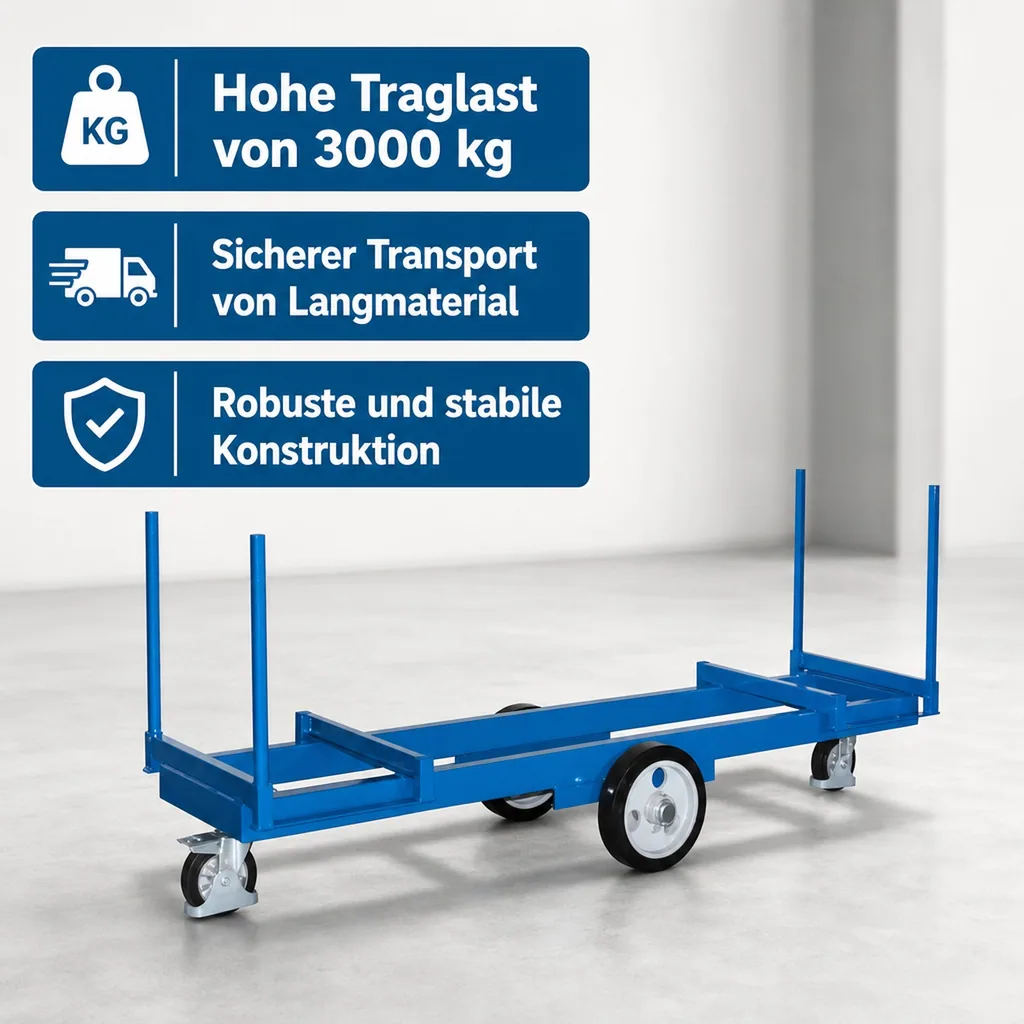 Langmaterialwagen, Materialwagen, 3000kg Traglast, mit 4 Rungen