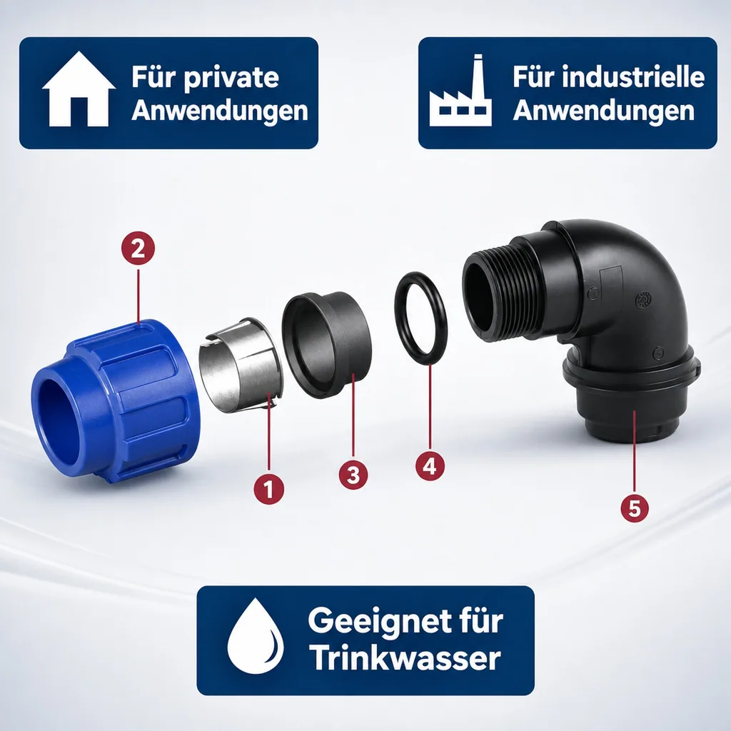 PE Rohr Verschraubung, Winkel 90°, 16 x 1/2" AG, Klemmfitting, Trinkwasser