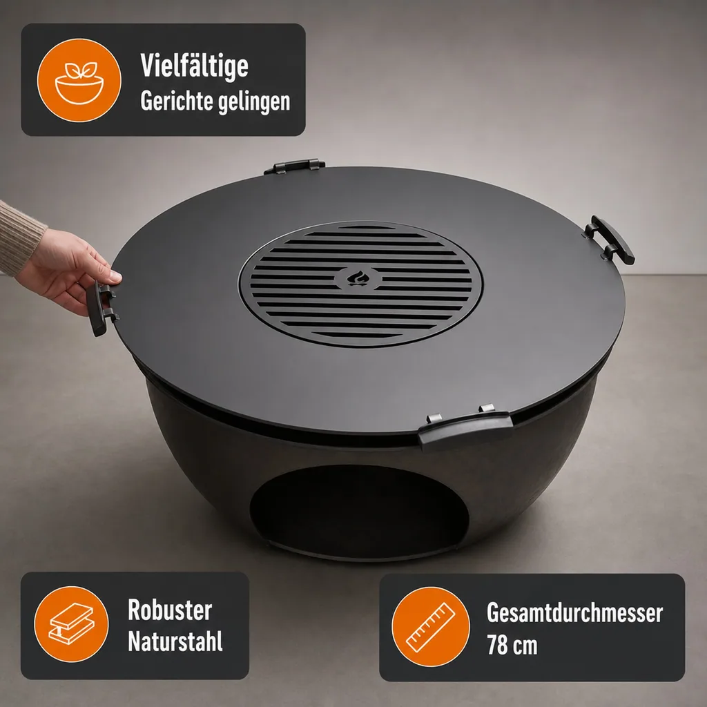 Grillplatte Feuerschale, Stahl, 78 cm, mit Grillrost 36cm