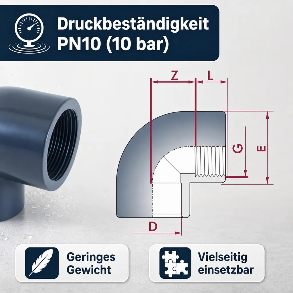 PVC Winkel 90 Grad, PVC-U Winkel, 1 1/2 Zoll, PN10