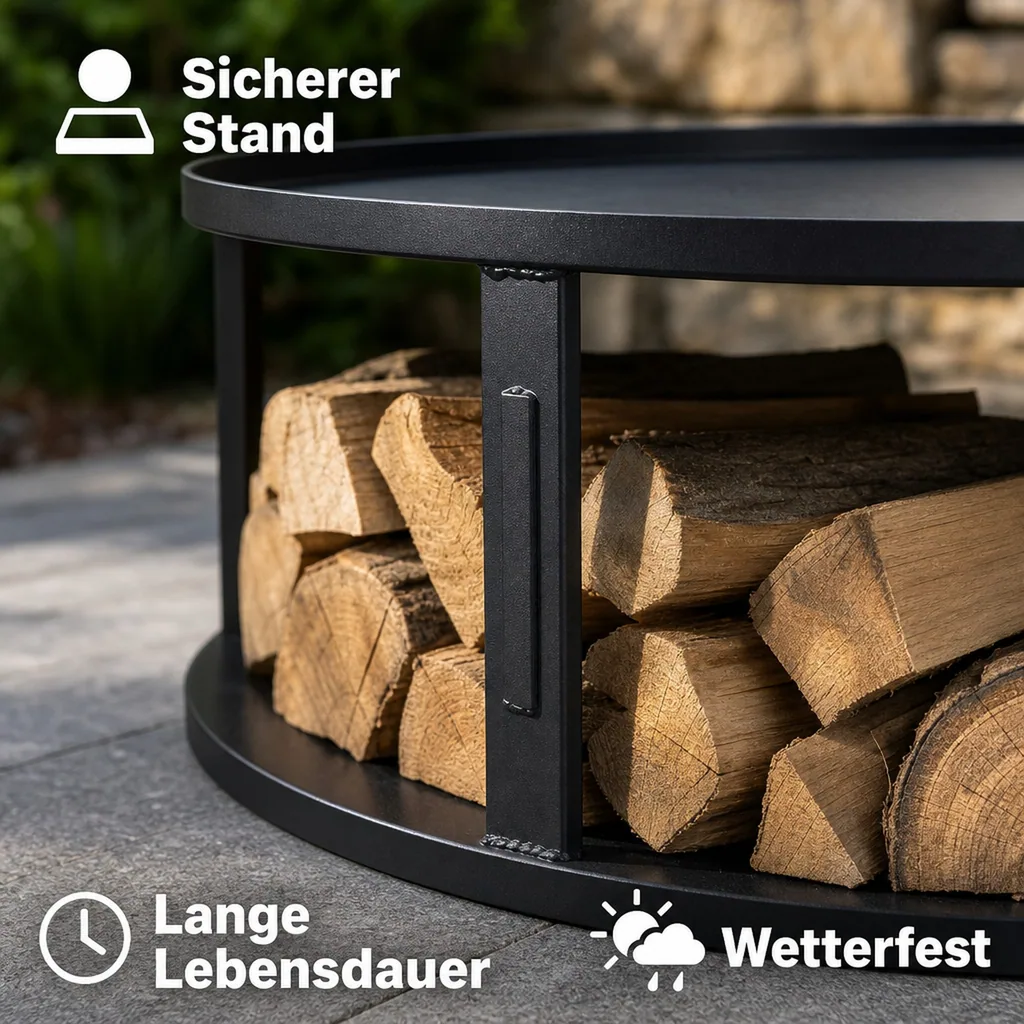 Feuerstelle Unterlage, Bodenplatte Feuerschale, Feuerschalenbasis rund 62cm mit Holzfach