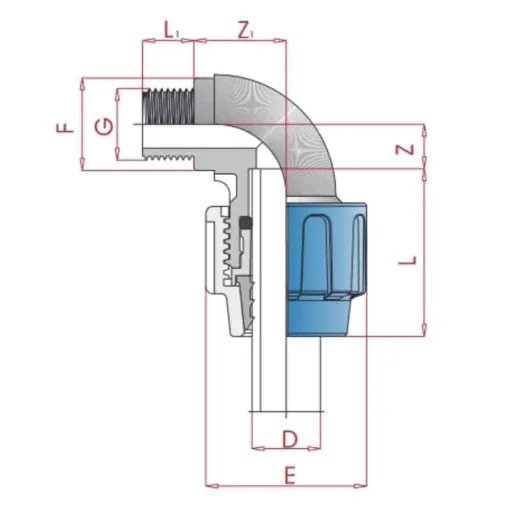 PE Rohr Verschraubung, 90° Winkel 40mm, Klemmverbinder Trinkwasser