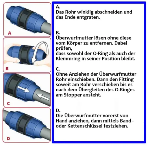 PE Rohr Verschraubung, 90° Winkel 40mm, Klemmverbinder Trinkwasser