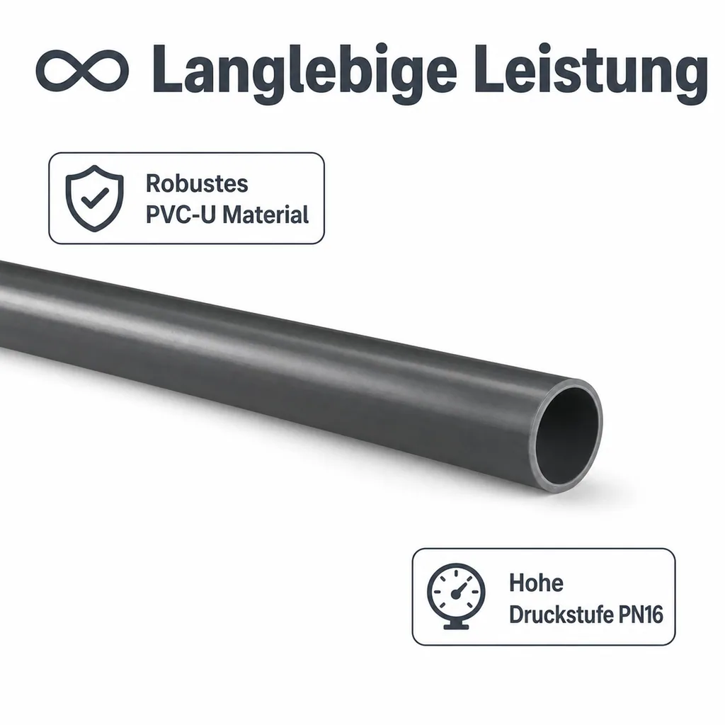 PVC Rohr 40mm, Druckrohr 1m PN16, PVC-U Rohrleitung
