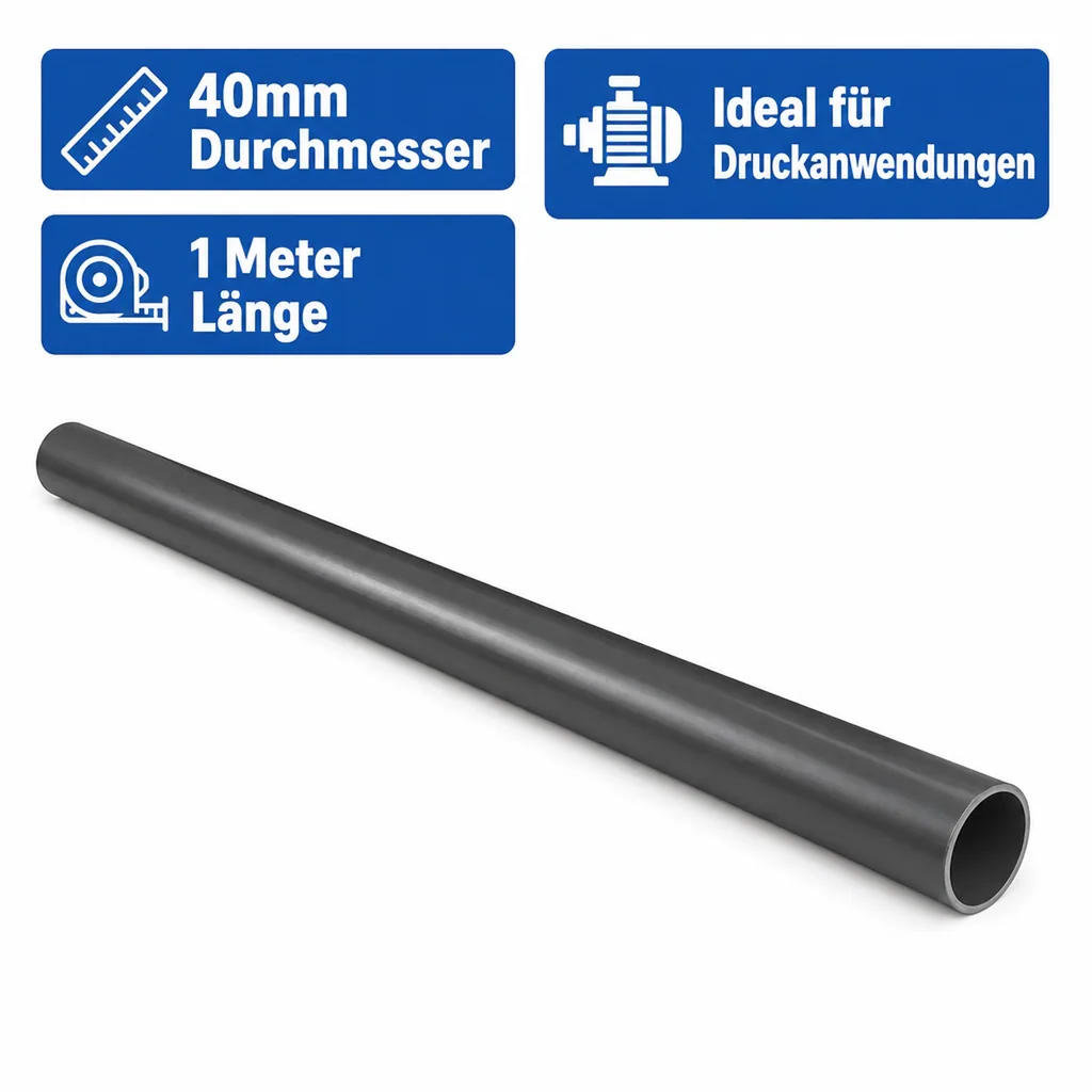 PVC Rohr 40mm, Druckrohr 1m PN16, PVC-U Rohrleitung