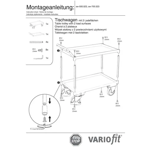 Tischwagen, 2 Etagen, Wannenrand, hoher Schiebebügel, 400 kg Traglast