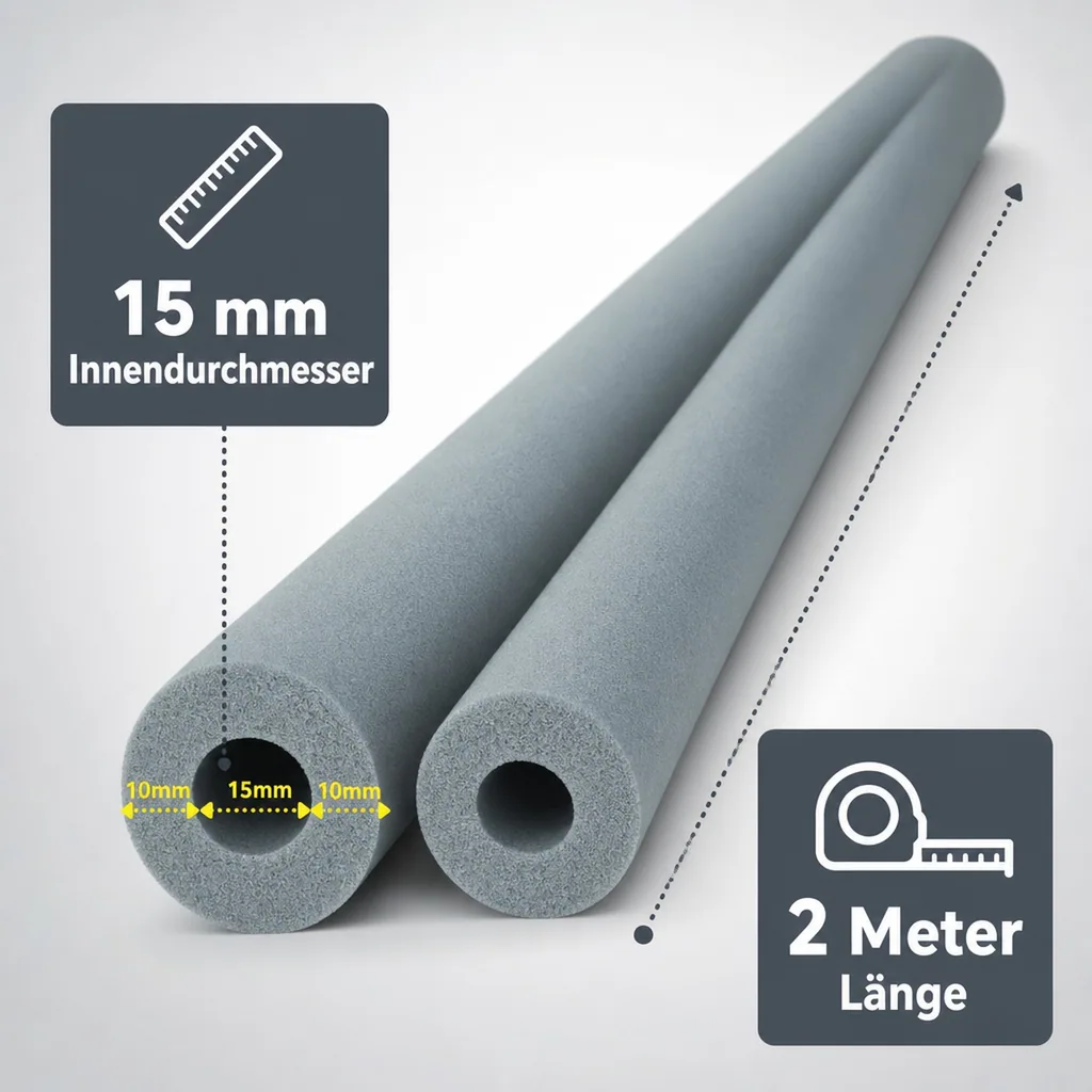 Rohrisolierung, Heizungsrohrisolierung 15mm, 2m Kautschuk, Dämmung 50% GEG