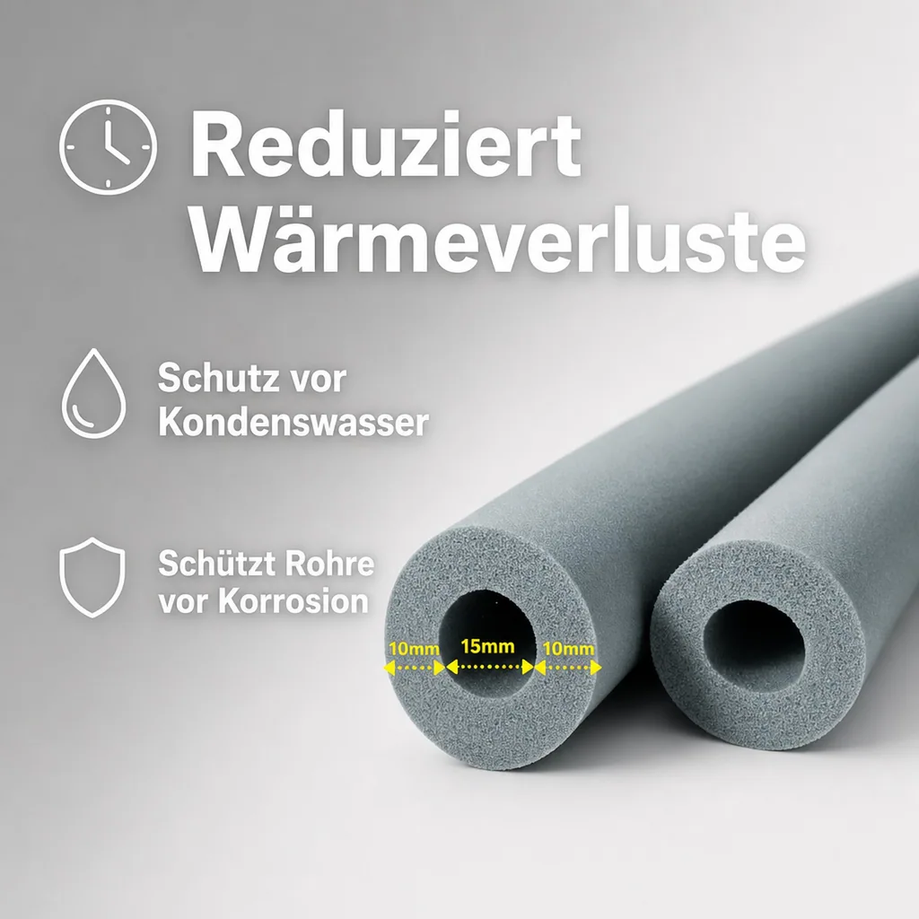 Rohrisolierung, Heizungsrohrisolierung 15mm, 2m Kautschuk, Dämmung 50% GEG