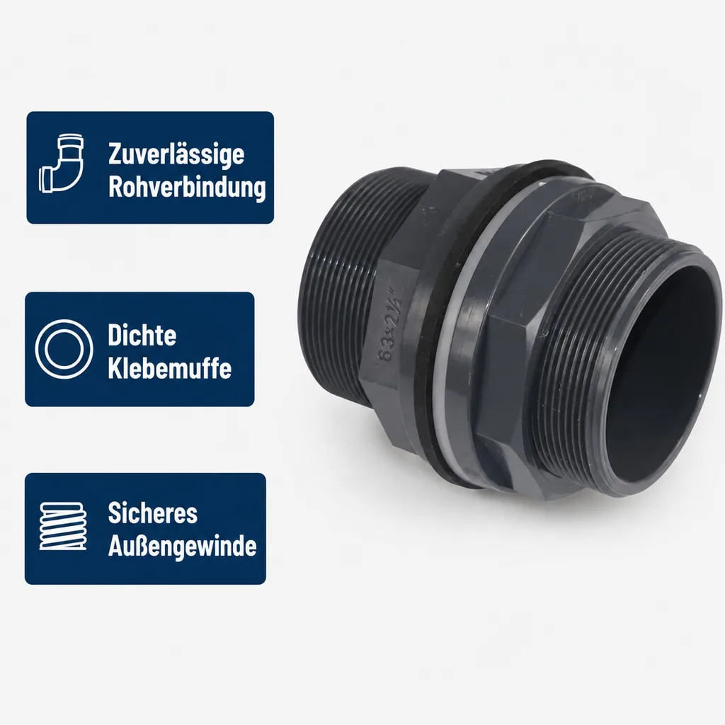 PVC Durchführung, Klebemuffe Außengewinde, 63mm, PN10