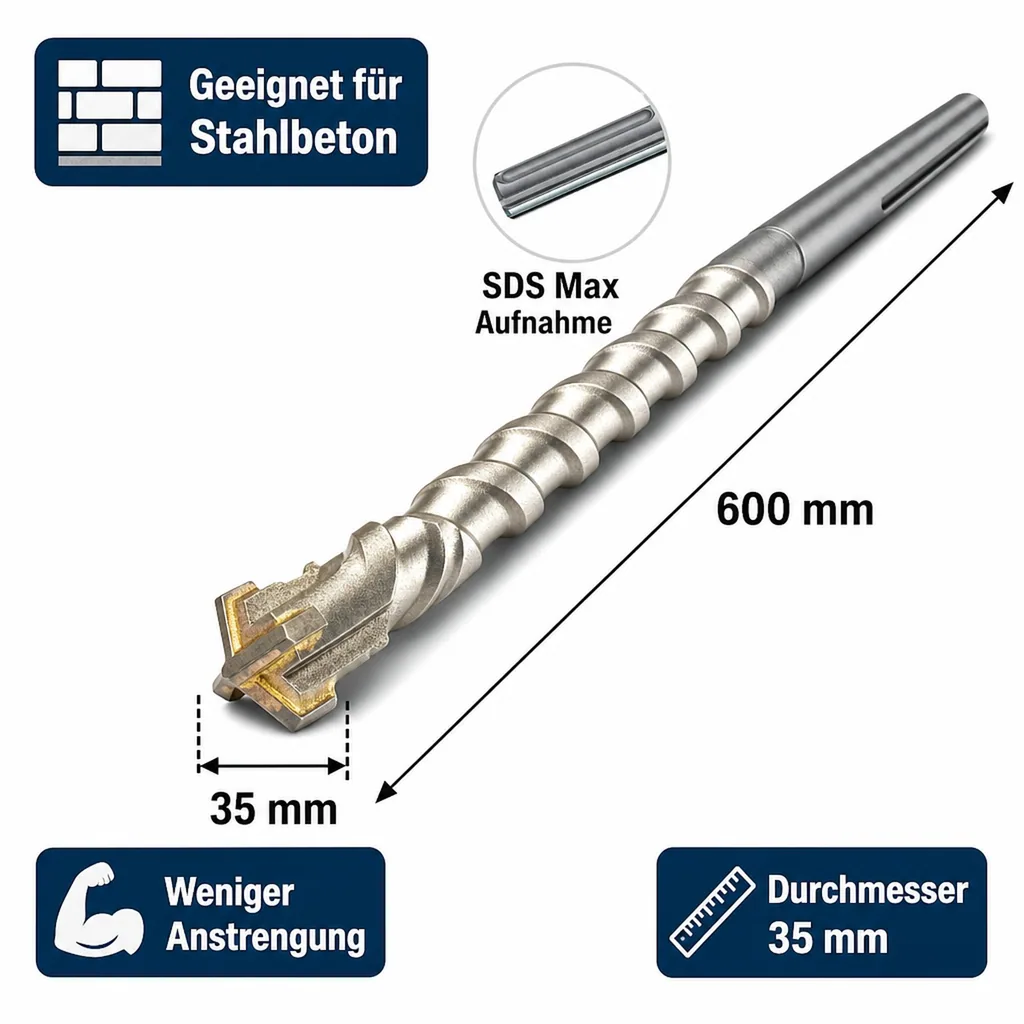 SDS Max Bohrer, Hammerbohrer, 35mm, 600mm, 4 Schneider, Betonbohrer
