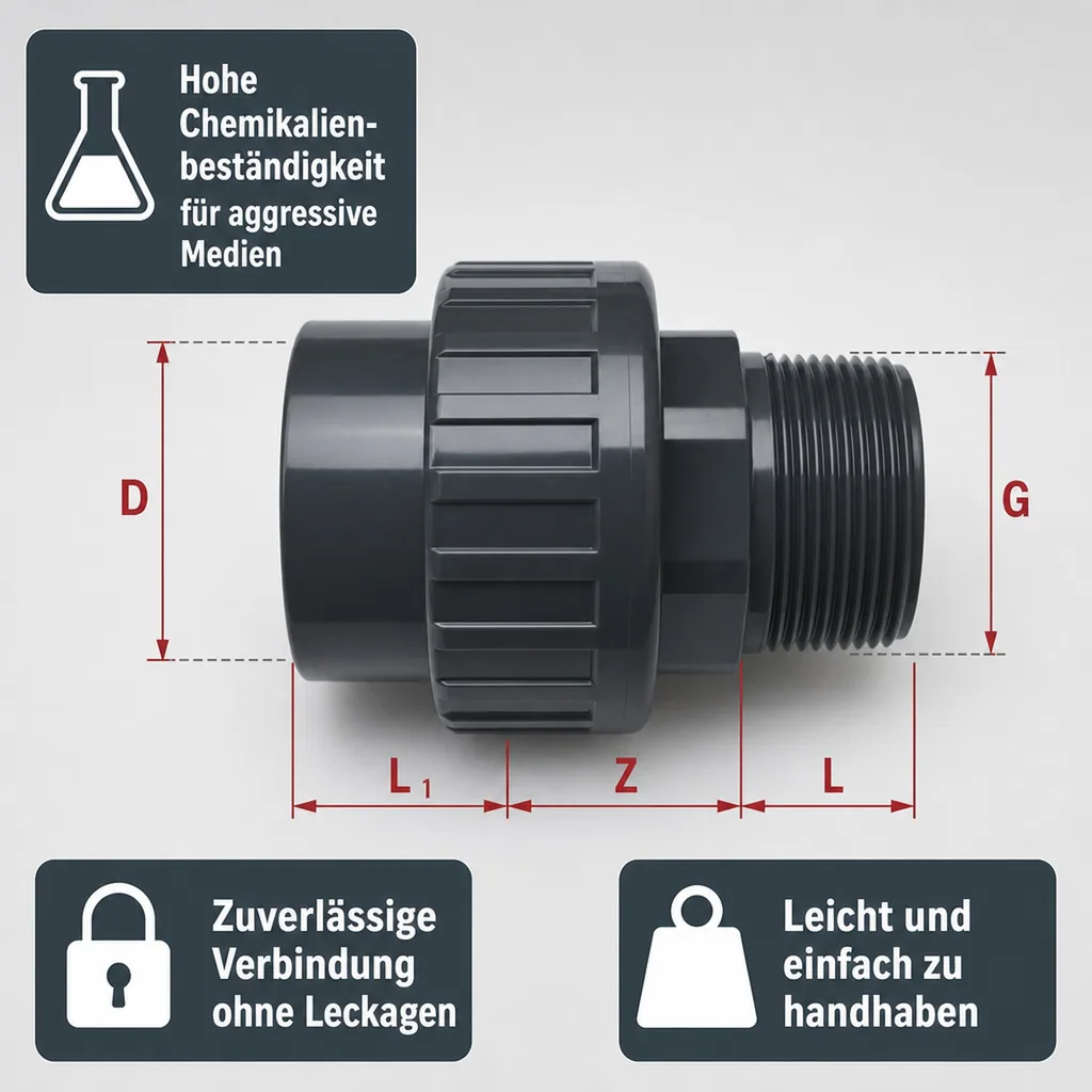PVC Fittings, Klebemuffe, PVC-U Verschraubung 63mm x 2"