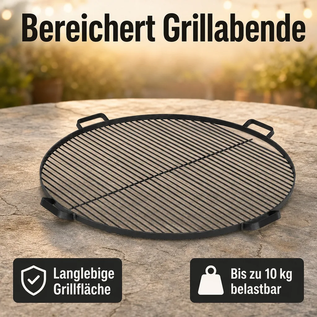 Grillrost 70 cm, für Feuerschale, Stahl Rost mit 4 Griffen