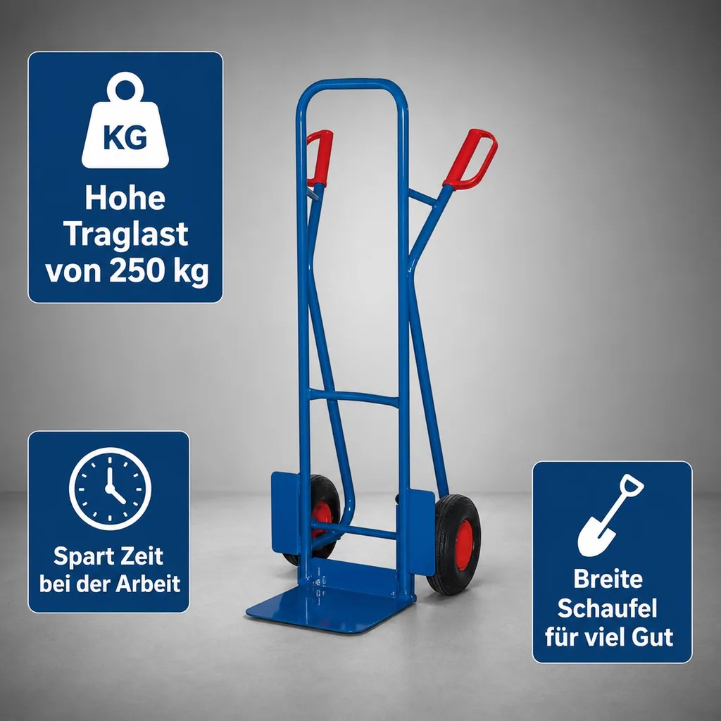 Stapelkarre 250 kg, Stahlrohrkarre mit Klappschaufel, Luftbereifung