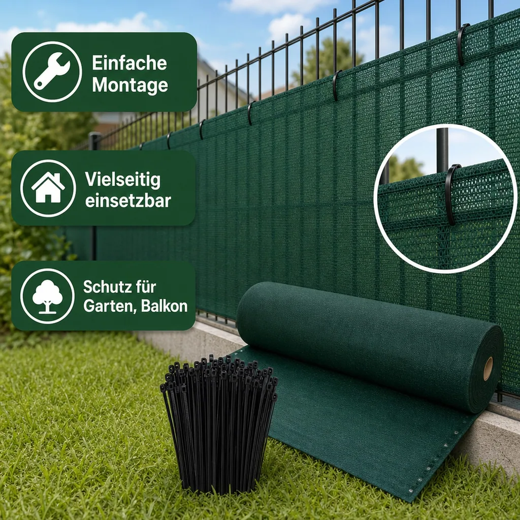 Sichtschutznetz, Windschutznetz, 1,5x10m, inkl. Kabelbinder Set, Gartenzaun Sichtschutz, Windschutz Gewebe