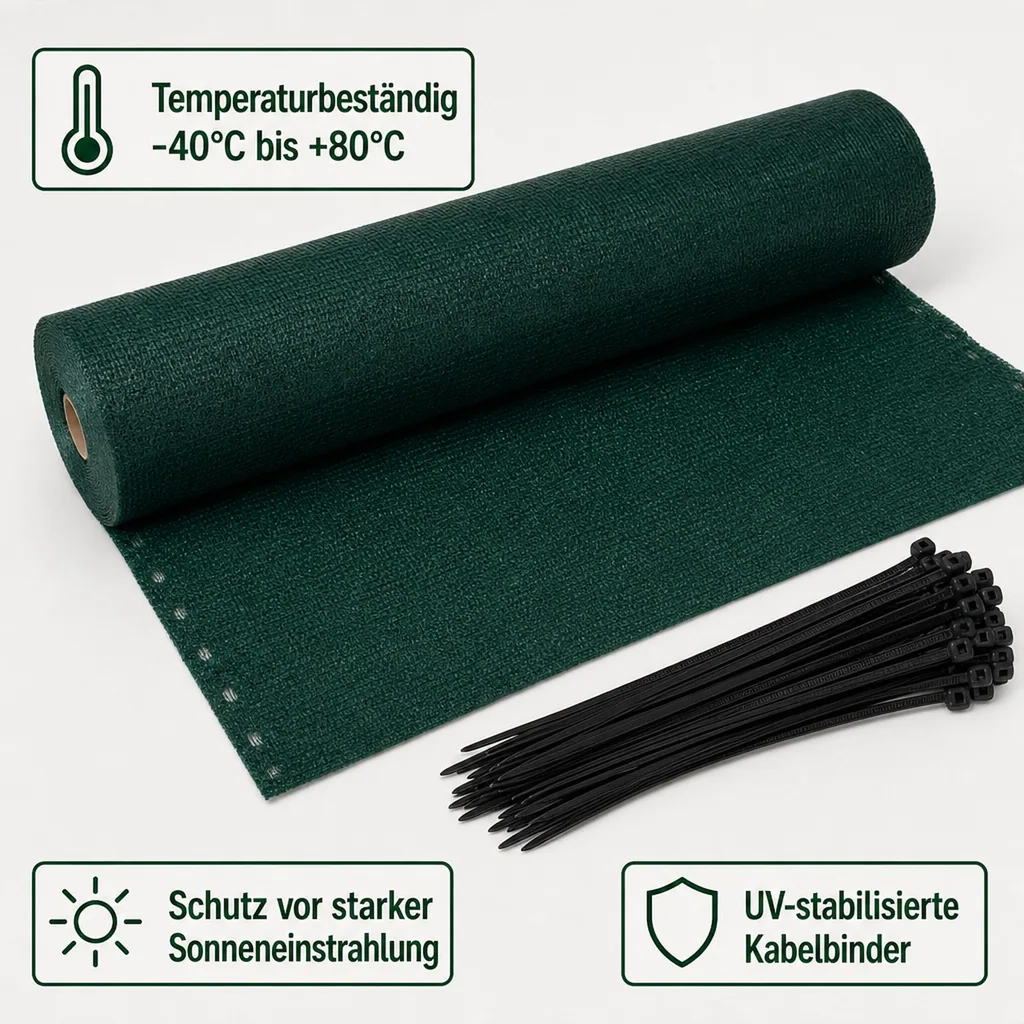 Sichtschutznetz, Windschutznetz, 1 m x 10 m, grün, inkl. Kabelbinder Set